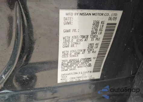 2009 Nissan Titan Se из США, поврежденный, VIN 1N6AA07C39N315678